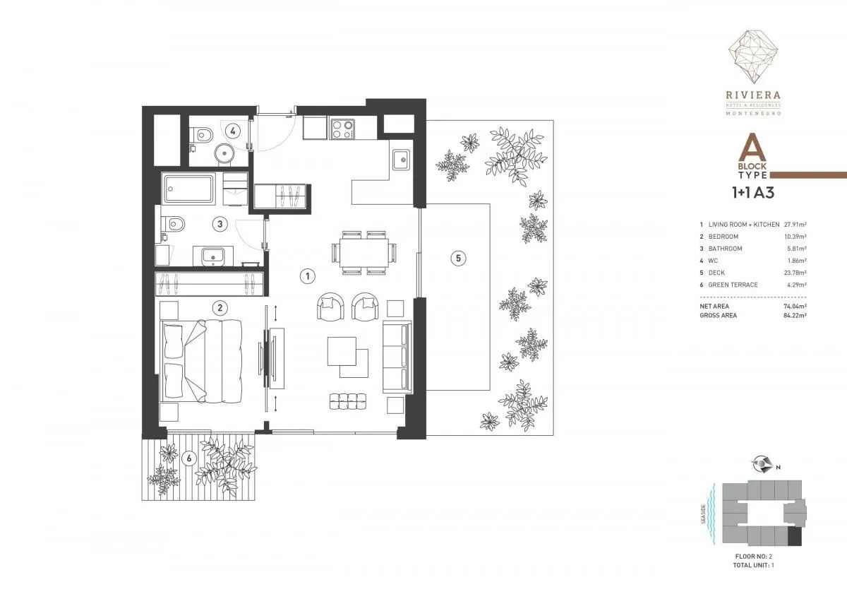 Sale, one bedroom apartment, 74m², Budva, Crna Gora