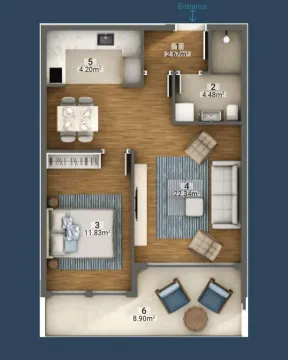 Three-dimensional floor plan showing the layout of the apartment. - image 6