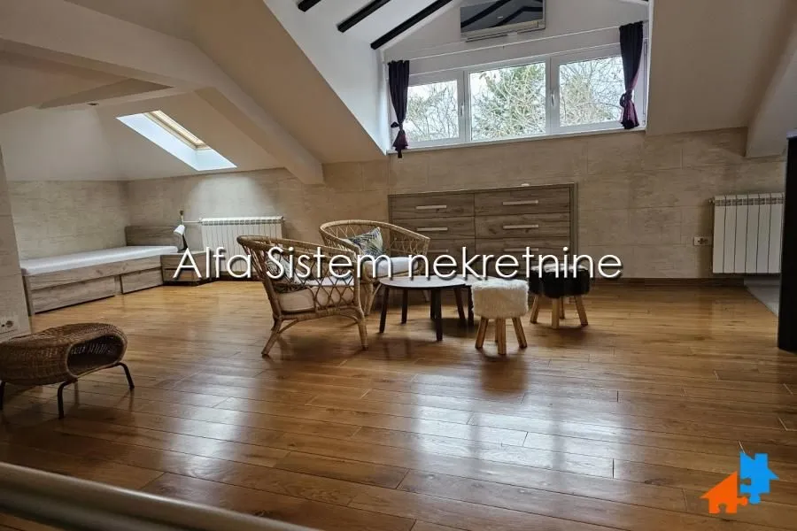 Attic space furnished as a living room with seating area and wooden flooring.