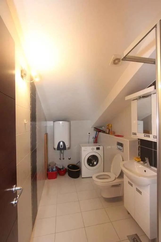 Kupatilo sa kosim plafonom, veš mašinom i toaletom.