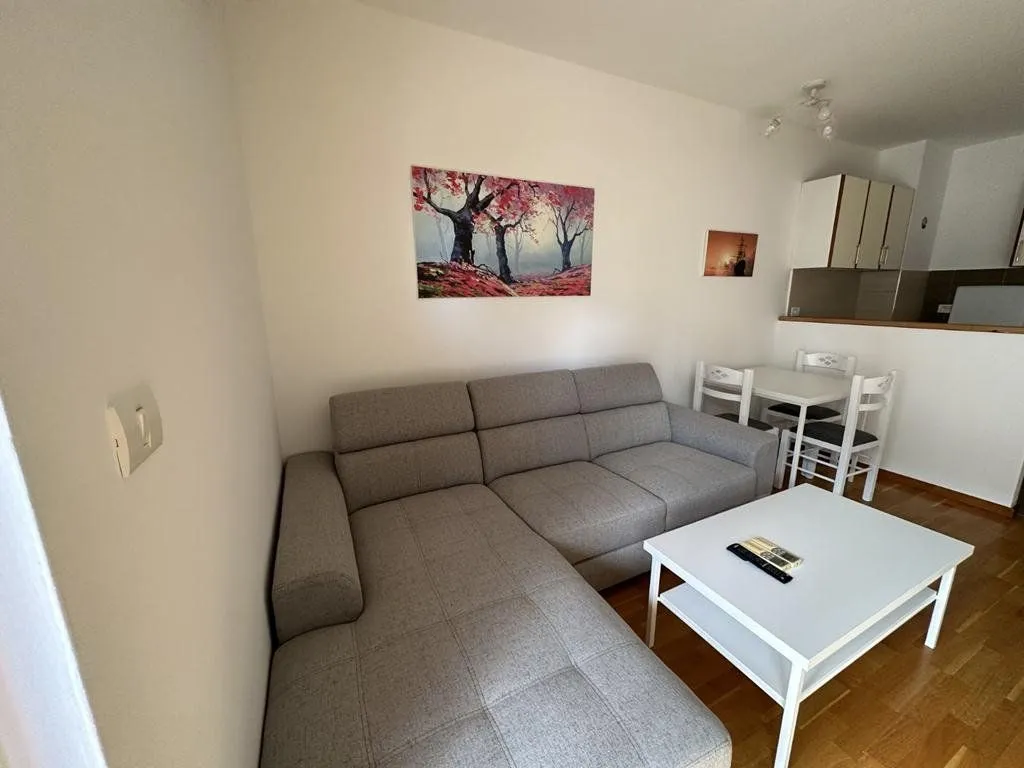 Dnevna soba sa ugaonom garniturom, stočićem i dijelom za trpezariju u pozadini.