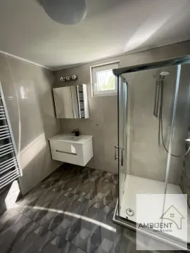 Modern bathroom with a walk-in shower, washbasin, and mirror. - image 12
