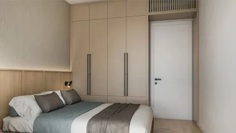 Moderna spavaća soba sa bračnim krevetom, ugradnim garderoberom i vratima. - image 6