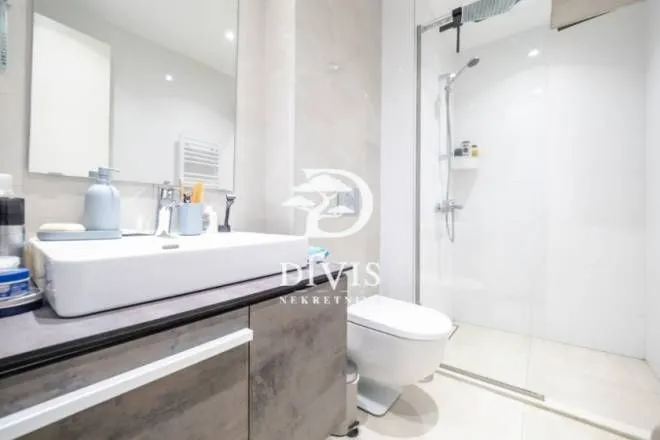 Modern bathroom with a washbasin, walk-in shower, and toilet.