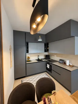 Modern kitchen with grey cabinets and built-in appliances. - image 4