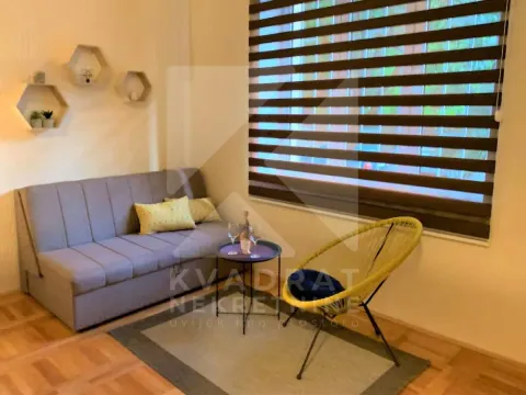 Living room with a grey sofa, yellow armchair, and a small table by the window. - image 4
