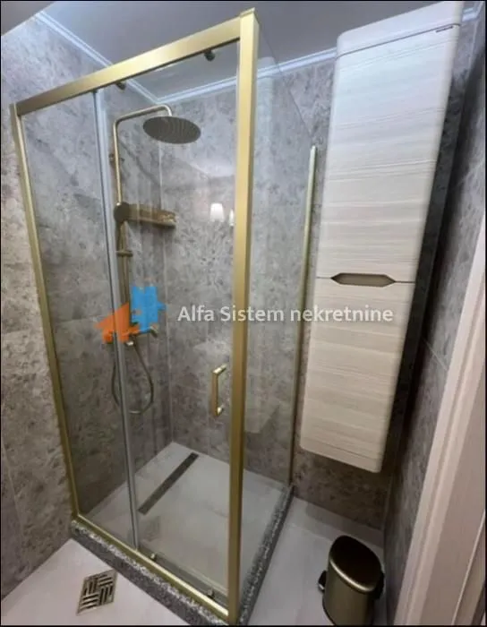 Modernly equipped bathroom with a shower cabin and golden details.