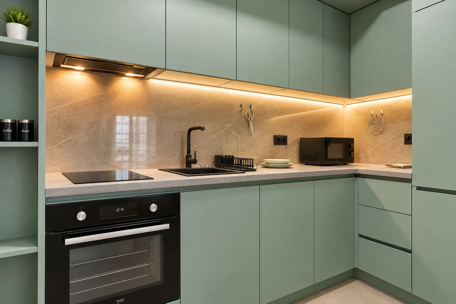 View of a modern kitchen with green cabinets and built-in appliances.