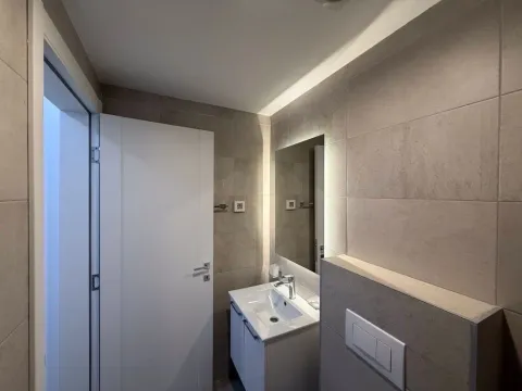 Moderne uređeno kupatilo sa umivaonikom, ogledalom i bijelim vratima. - image 10