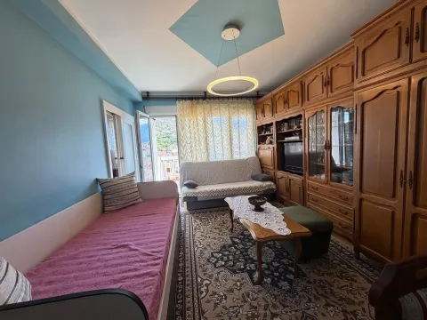 Furnished living room with a large wooden wardrobe and a sofa. - image 13