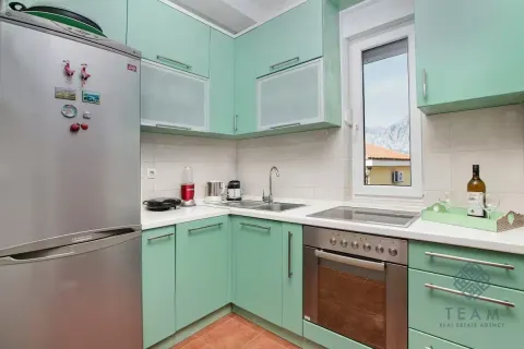 Kitchen with green cabinets, sink, and built-in oven. - image 9