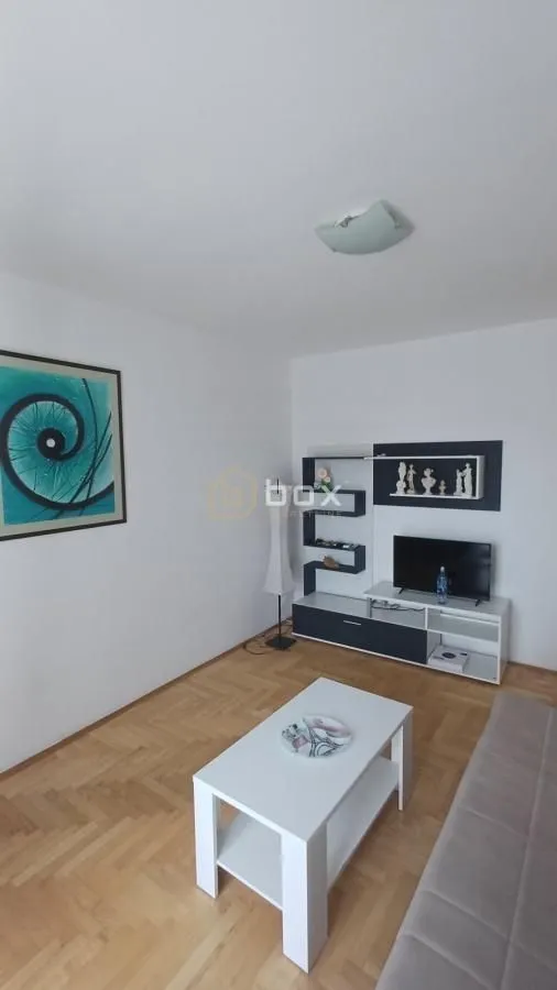Living room with sofa, TV and coffee table.