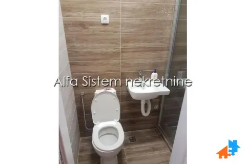 Manje kupatilo sa WC šoljom, umivaonikom i tuš kabinom obloženo pločicama u dezenu drveta. - image 13