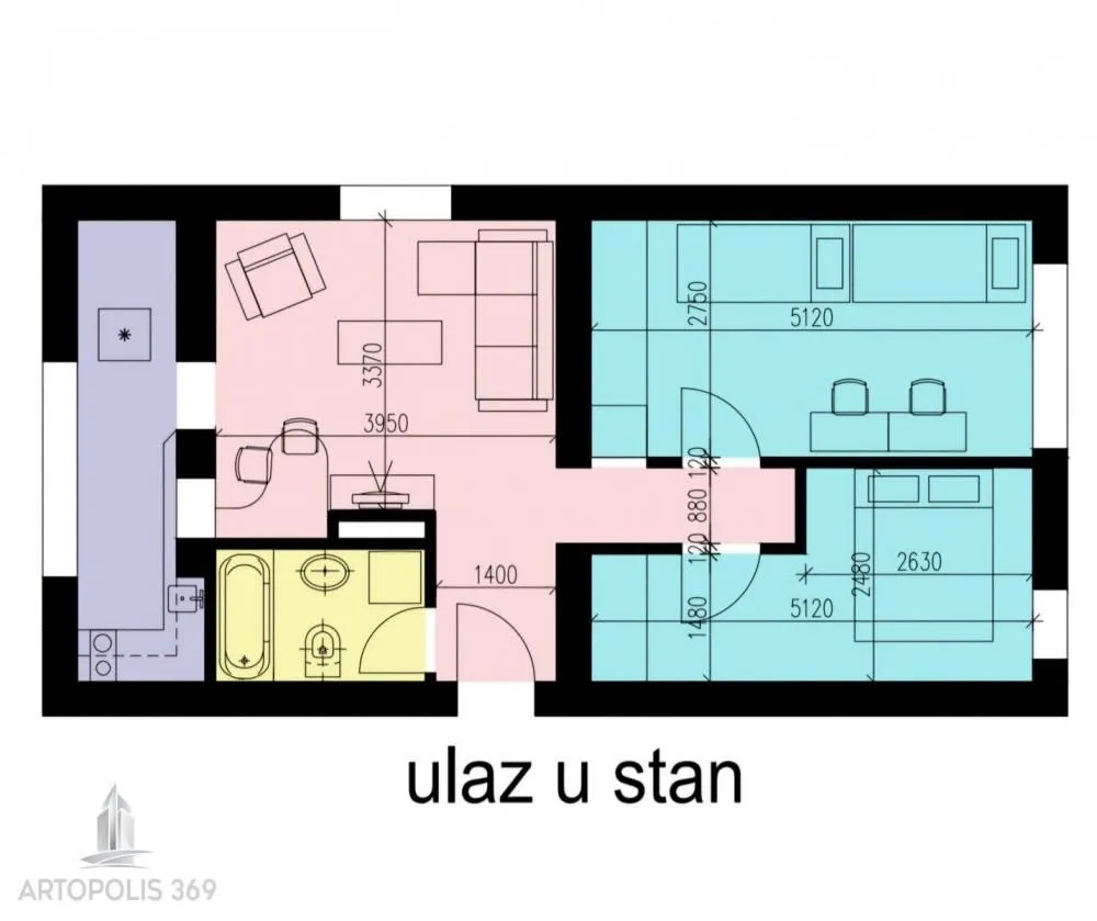 Osnova stana sa rasporedom prostorija i dimenzijama.