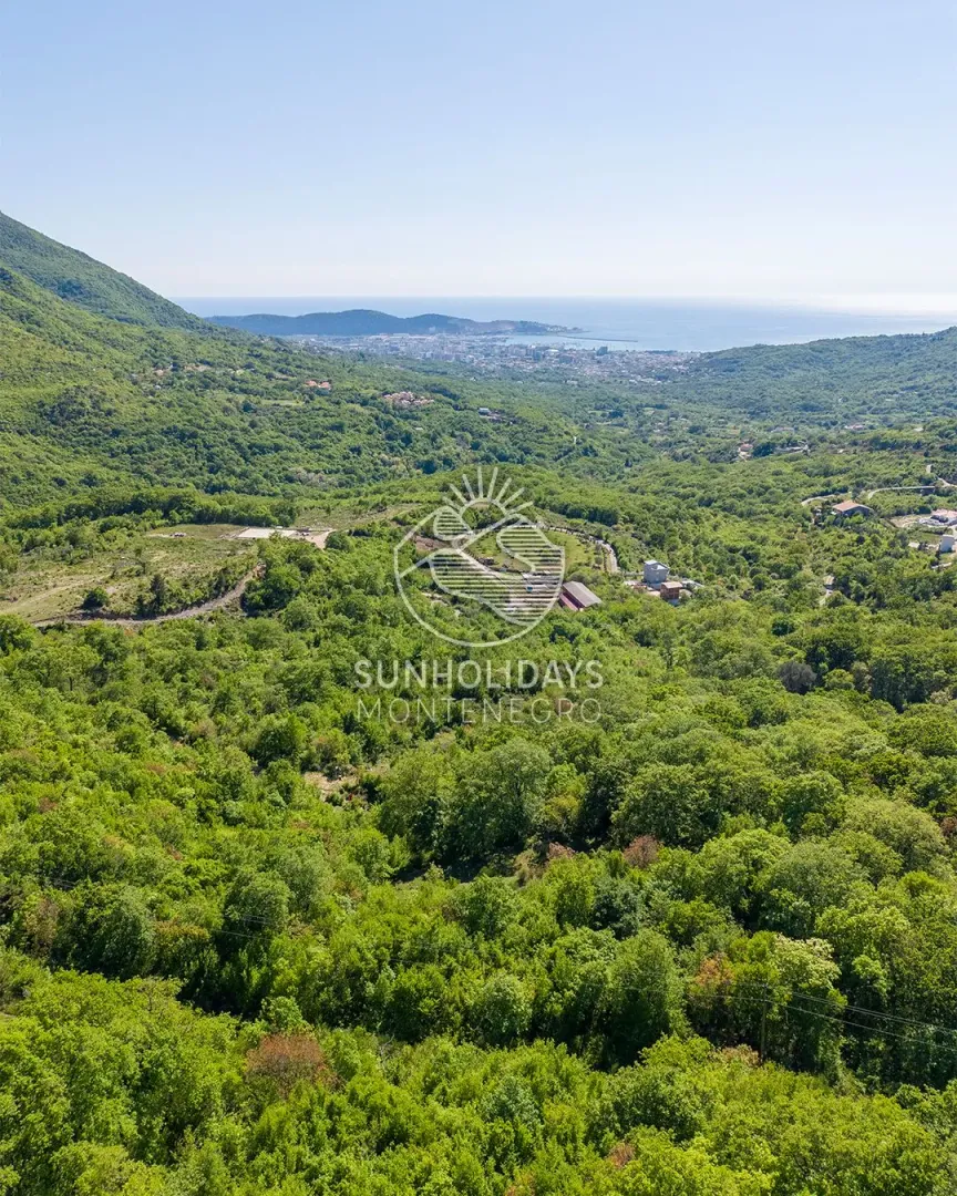 Pogled iz vazduha na zeleni predio i šumu sa pogledom na more u daljini.