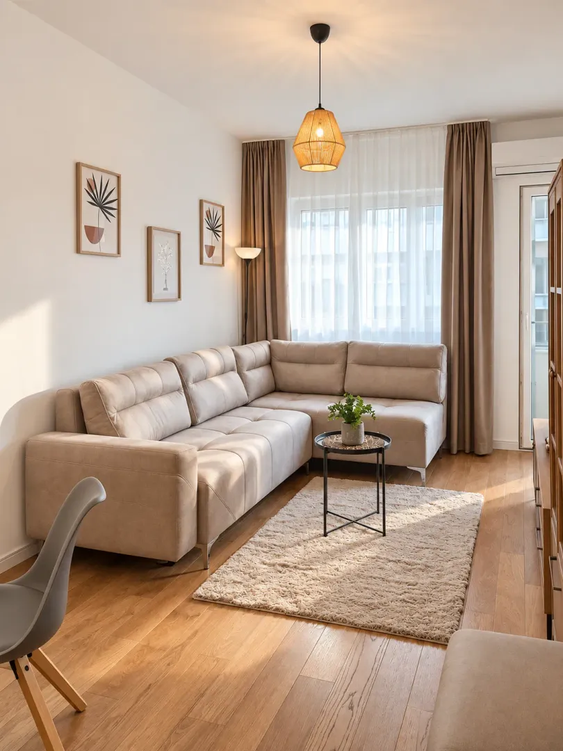 Bright living room with a sectional sofa and wooden flooring.