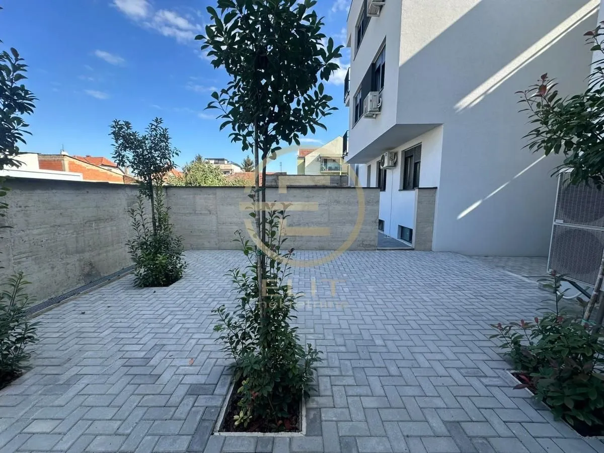 Paved courtyard with planted trees next to the residential building.