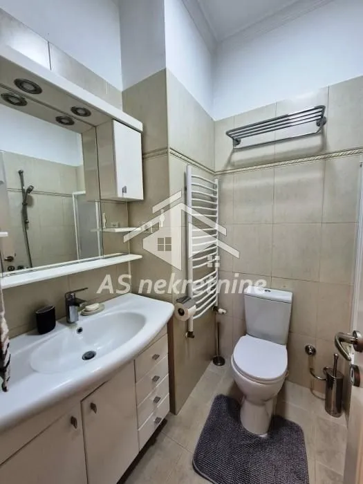 Bathroom equipped with a vanity sink, toilet, and towel radiator.