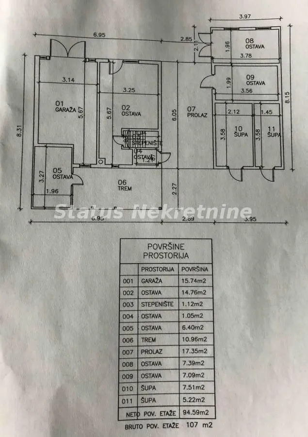 Osnova prizemlja sa rasporedom prostorija i dimenzijama.