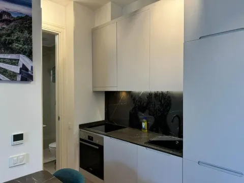 Moderna kuhinja sa svijetlim elementima i tamnom radnom površinom. - image 3