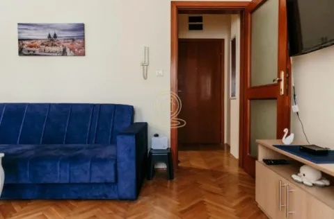 Dnevna soba sa plavim kaučem, drvenim parketom i televizorom na zidu. - image 7