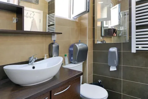 Pogled na kupatilo sa umivaonikom, wc šoljom i pločicama na zidu. - image 15
