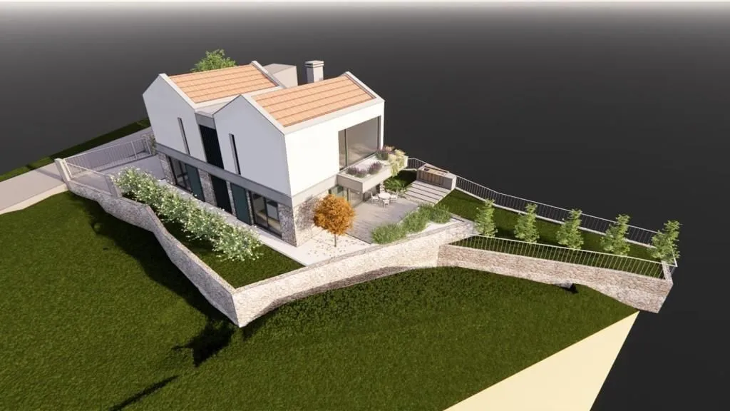 3D render eksterijera moderne kuće sa uređenim dvorištem.