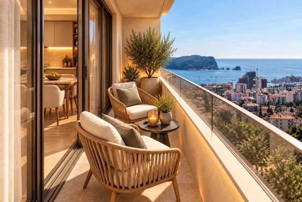 Furnished balcony with seating and sea view.