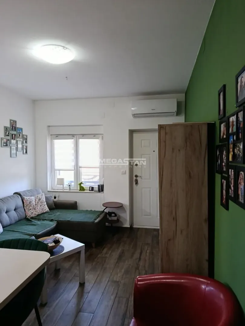 Living room with a sofa, coffee table and entrance door.