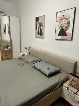 Furnished bedroom with a double bed, wardrobe, and wall paintings. - image 5