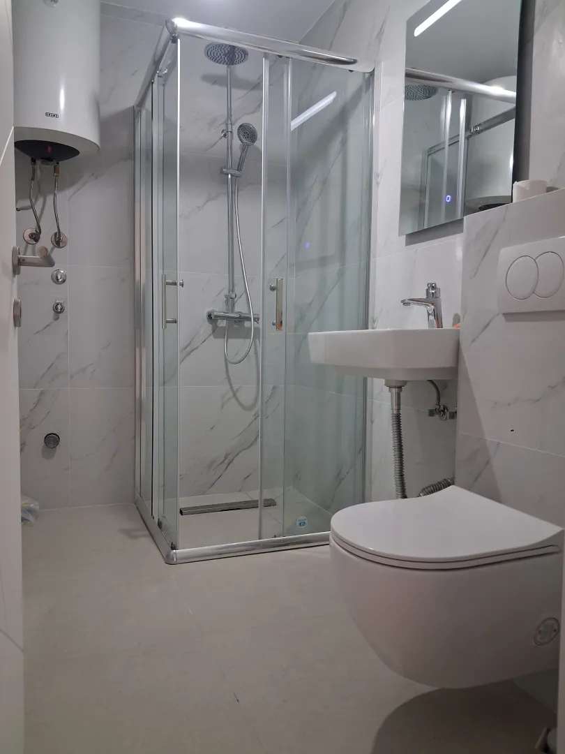 Modern bathroom with a walk-in shower, washbasin, and toilet.