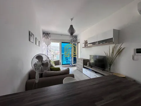 Living room with sofa, television, and balcony access. - image 9