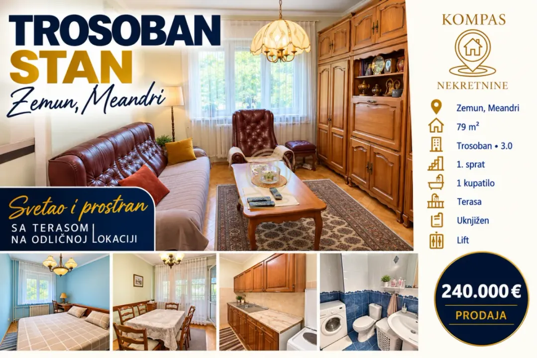 Prodaja, trosoban stan, 79m², Zemun Meandri, Zemun Sve Podlokacije