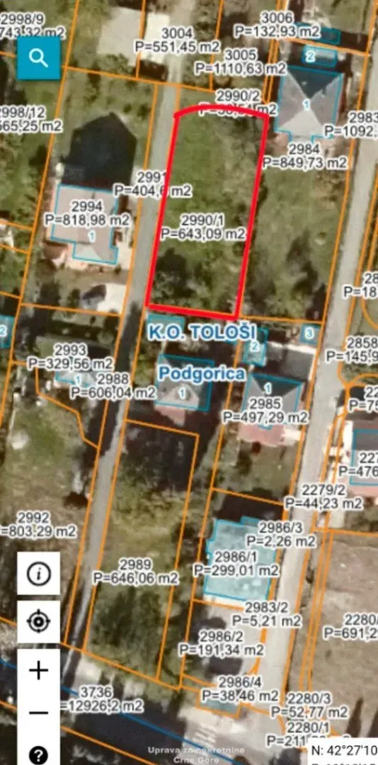 Prodaja, plac, 644m², Tološi, Podgorica
