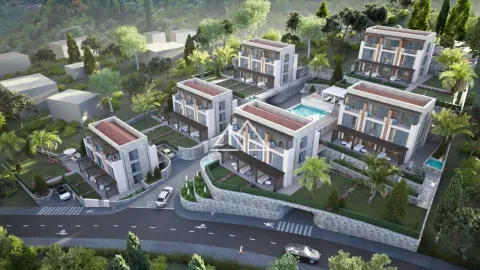 Pogled iz vazduha na kompleks modernih vila sa bazenom i uređenim dvorištem. - image 8