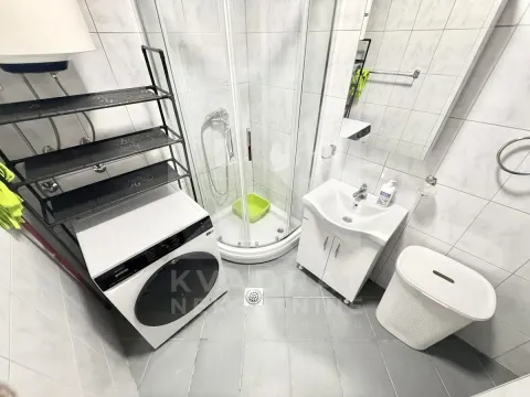 Bathroom equipped with a shower cabin, washbasin, toilet, and washing machine. - image 8