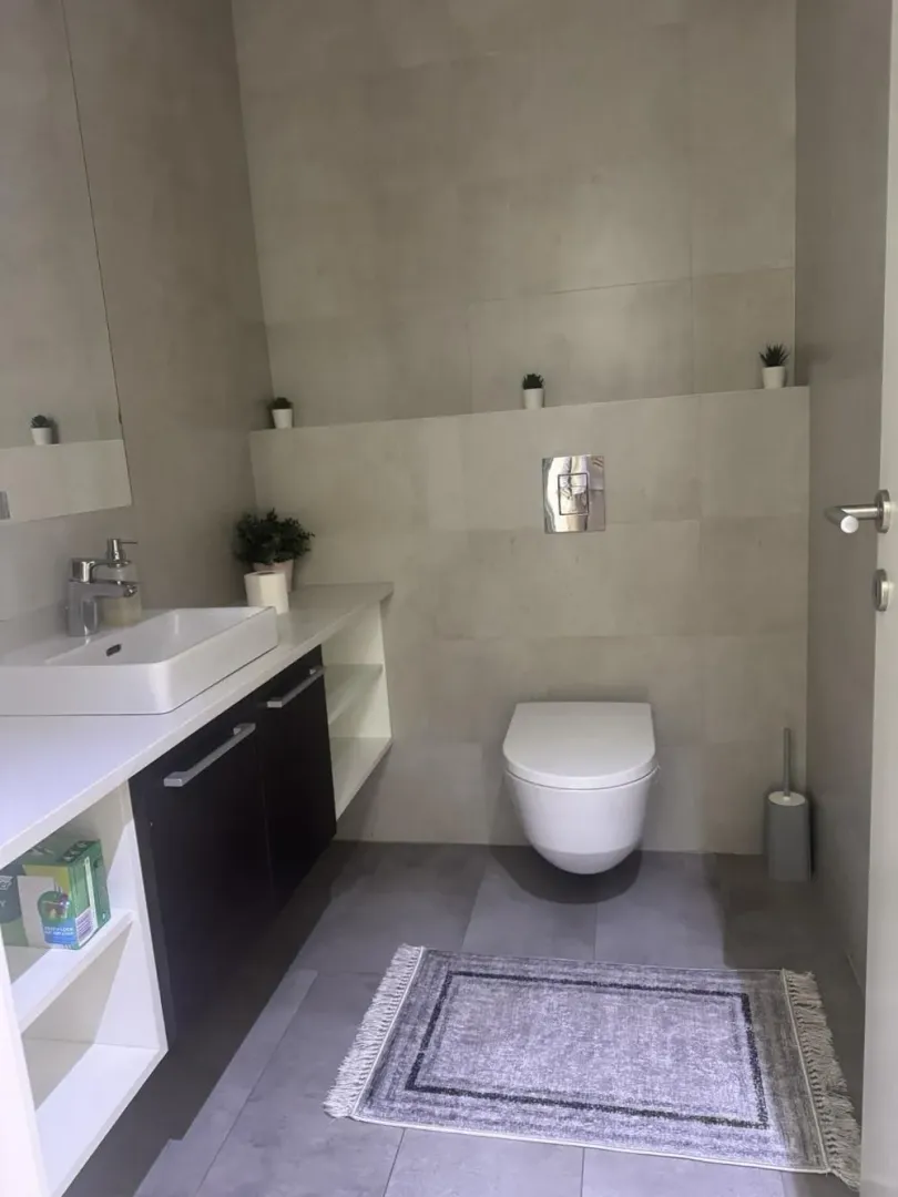 Modern bathroom equipped with a washbasin, wall-hung toilet, and gray tiles.