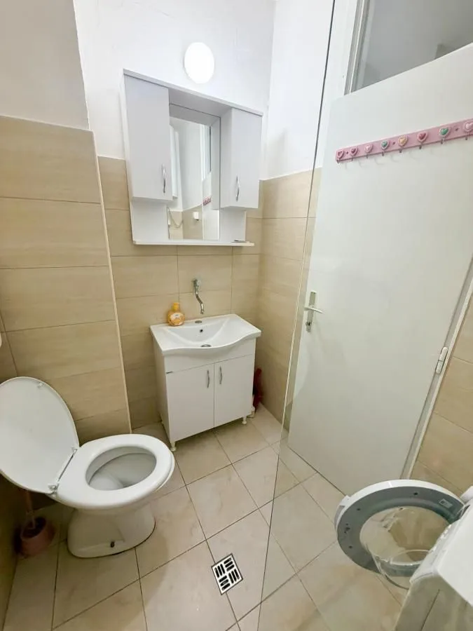 Kupatilo opremljeno umivaonikom, ormarićem sa ogledalom i toaletom.