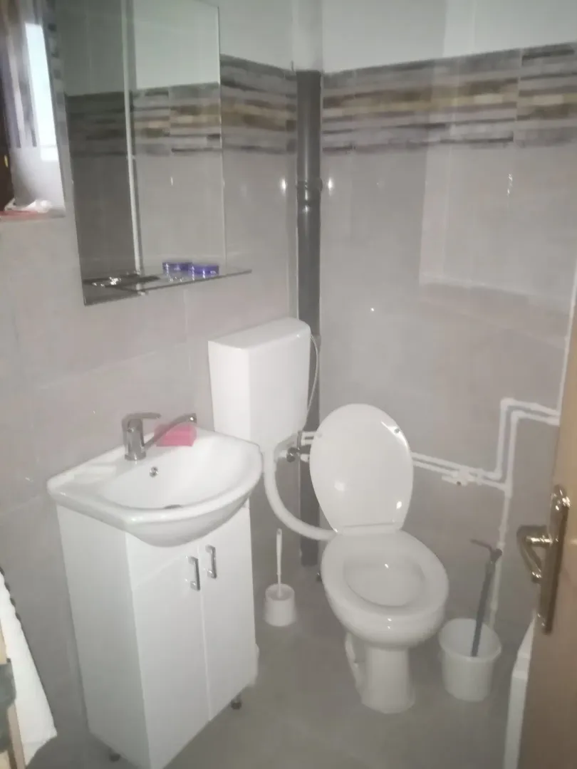 A small functional bathroom with a sink, mirror, and toilet.
