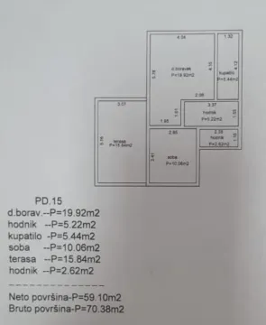 Osnova stana sa prikazanim prostorijama i mjerama. - image 16