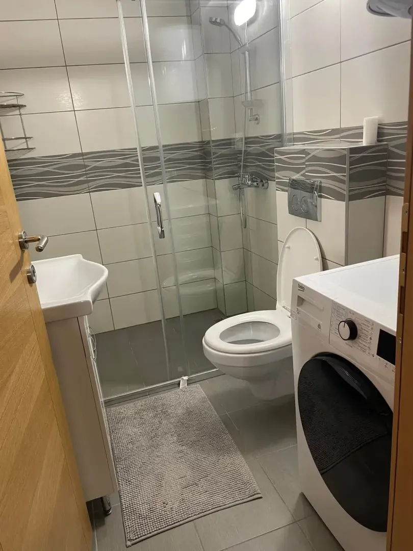 Kompaktno opremljeno kupatilo sa tuš kabinom, WC šoljom, umivaonikom i mašinom za veš.