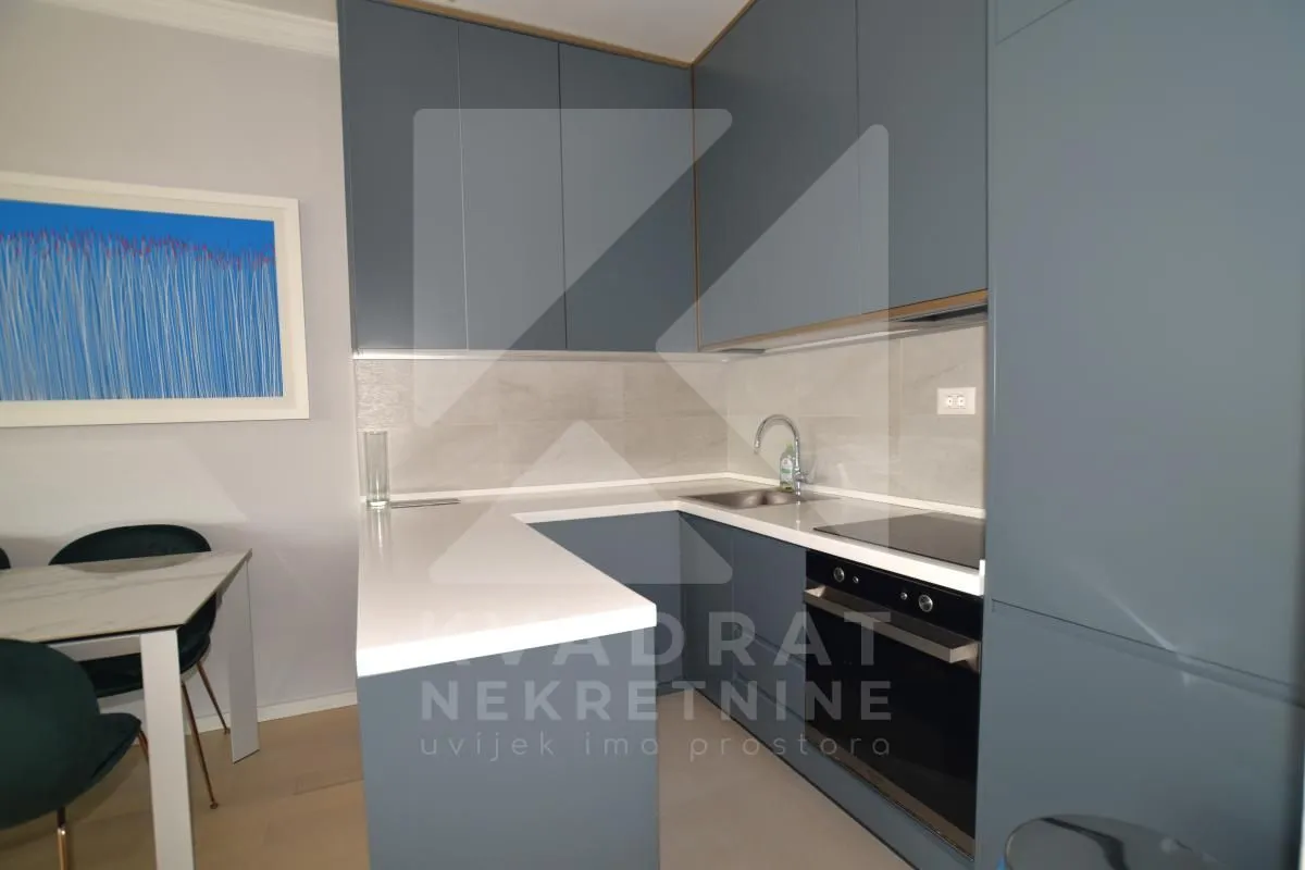 Modern kitchen with blue cabinetry and built-in appliances in an apartment.