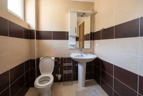 Svijetlo kupatilo sa pločicama u dvije boje, lavaboom i toaletom. - image 10