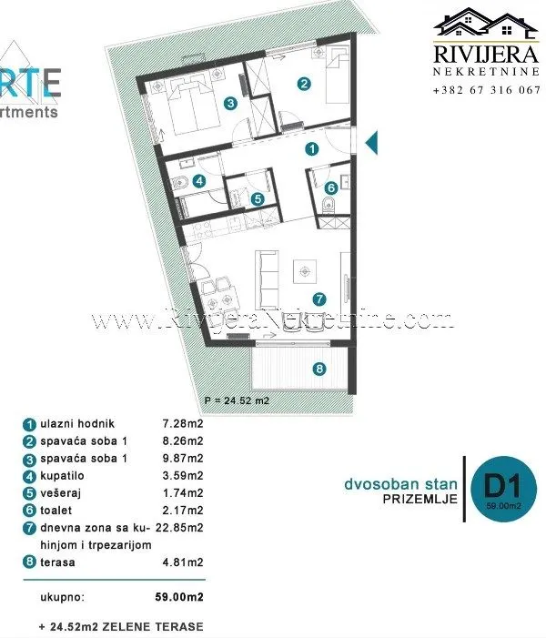 Sale, two bedroom apartment, 59m², Tivat, Crna Gora