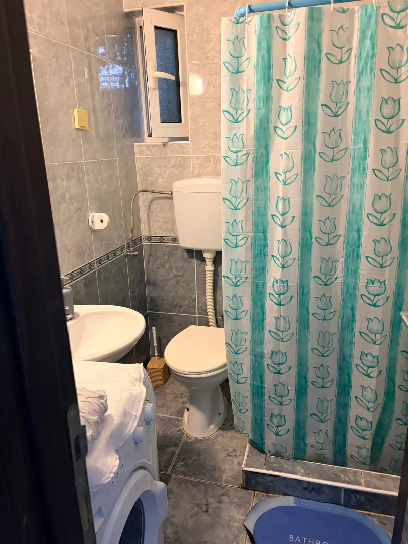 Manje kupatilo sa tuš kabinom, lavaboom i toaletom.
