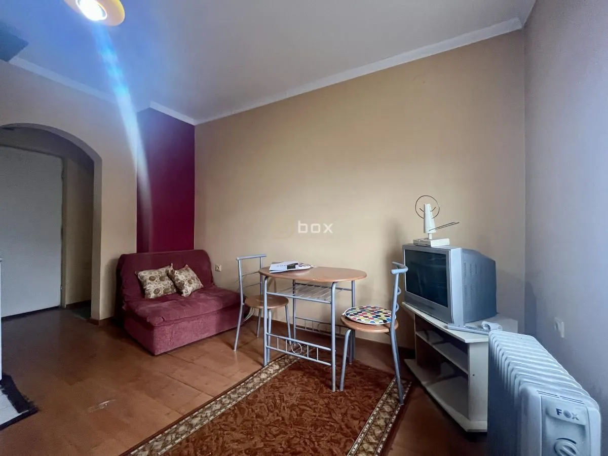 Small living room with a sofa, dining table, and television.
