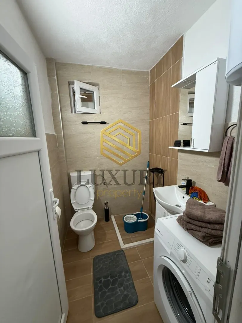 Small bathroom with a washbasin, toilet, washing machine, and shower.