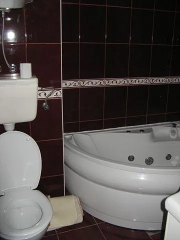 A bathroom featuring a corner jacuzzi tub and dark wall tiles.