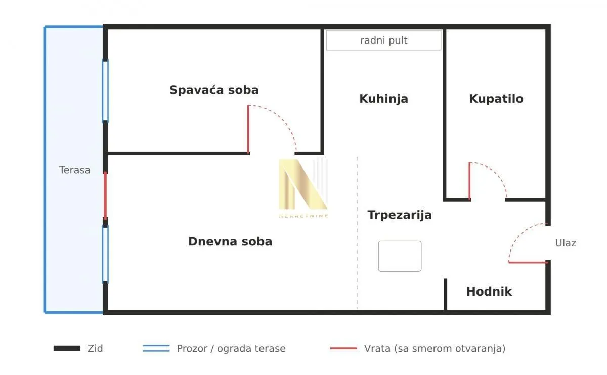 Dvodimenzionalni plan stana sa označenim prostorijama i terasom.