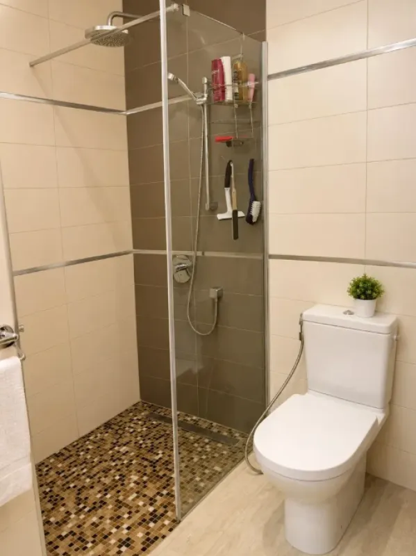 Savremeno opremljeno kupatilo sa tuš kabinom i toaletom.